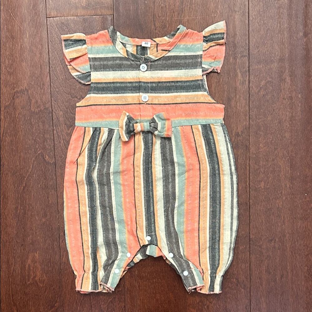 Girl’s Beachy Striped Baby Romper with Bow Detail, 100% Cotton, Size 12 Months